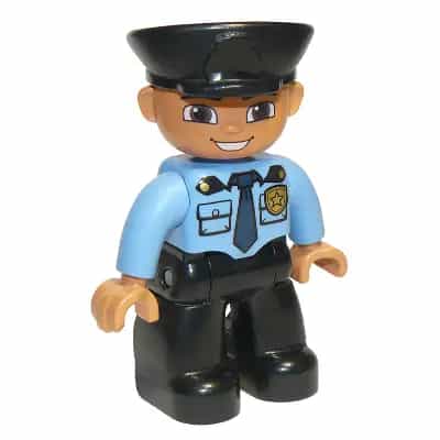 Duplo Figure Lego Ville, Male Police, Black Legs, Medium Blue Top with Badge, Black Hat