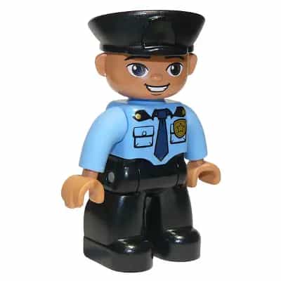 Duplo Figure Lego Ville, Male Police, Black Legs, Medium Blue Top with Badge, Black Hat, Oval Eyes