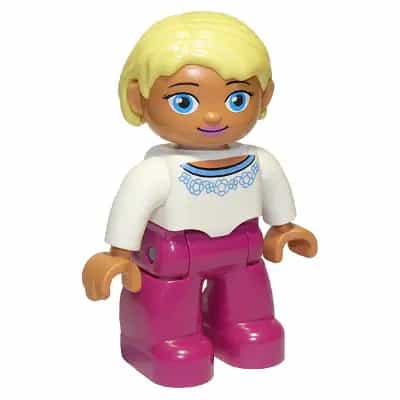 Duplo Figure Lego Ville, Female, Magenta Legs, White Sweater with Blue Pattern, Bright Light Yellow Hair, Blue Oval Eyes