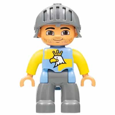 Duplo Figure Lego Ville, Male Castle, Dark Bluish Gray Legs, Blue and Yellow Chest with Crowned Eagle, Helmet