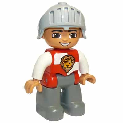 Duplo Figure Lego Ville, Male Castle, Dark Bluish Gray Legs, Red and White Chest with Lion on Shield, Helmet