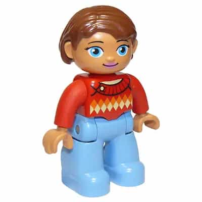 Duplo Figure Lego Ville, Female, Medium Blue Legs, Red Sweater with Diamond Pattern, Reddish Brown Hair, Blue Oval Eyes