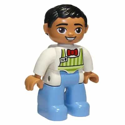 Duplo Figure Lego Ville, Male, Medium Blue Legs, Lime Striped Apron, Red Bow Tie, Black Hair, Oval Eyes