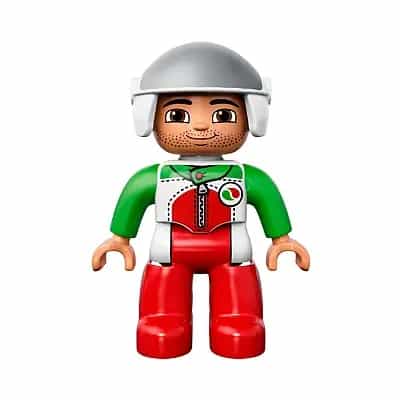 Duplo Figure Lego Ville, Male, Red Legs, Race Top with Zipper and Octan Logo, White Helmet