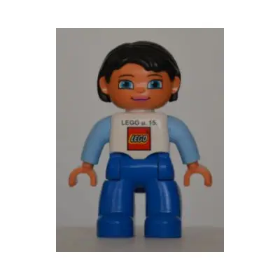 Duplo Figure Lego Ville, Female, Blue Legs, White Top, Bright Light Blue Arms, Black Hair, LEGO Logo on Front - Employee Gift