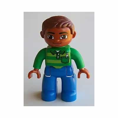 Duplo Figure Lego Ville, Male, Blue Legs, Green Top with Pen, Reddish Brown Hair