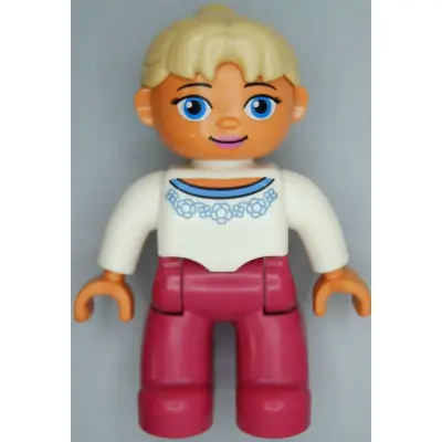 Duplo Figure Lego Ville, Female, Magenta Legs, White Sweater with Blue Flowers Pattern, Tan Ponytail Hair, Blue Eyes, Oval Eyes