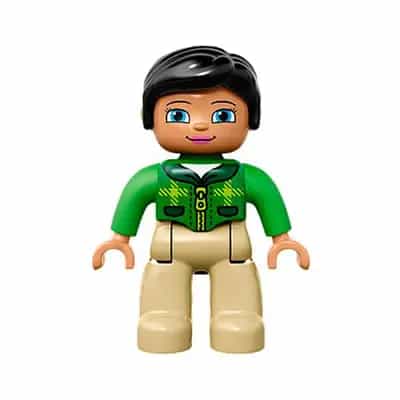 Duplo Figure Lego Ville, Female, Tan Legs, Green Top with Tartan Plaid and Zipper, Bright Green Arms, Black Hair (6138772)