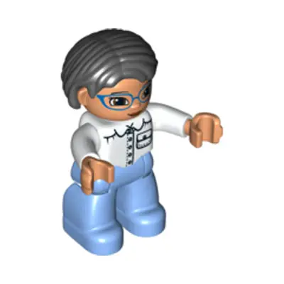 Duplo Figure Lego Ville, Female, Medium Blue Legs, White Top with Pocket, White Arms, Blue Glasses, Black Hair