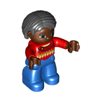 Duplo Figure Lego Ville, Female, Blue Legs, Red Argyle Sweater, Red Arms, Brown Head, Black Hair