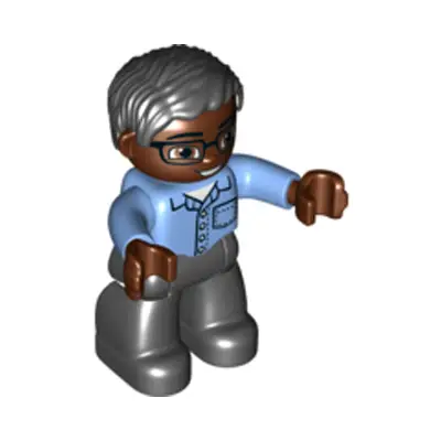 Duplo Figure Lego Ville, Male, Black Legs, Medium Blue Shirt with Pocket, Medium Blue Arms, Brown Head, Glasses, Black Hair