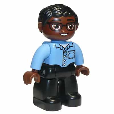 Duplo Figure Lego Ville, Male, Black Legs, Medium Blue Shirt with Pocket, Medium Blue Arms, Brown Head, Glasses, Black Hair, Oval Eyes