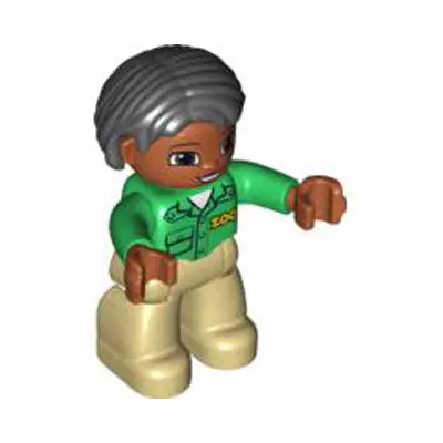 Duplo Figure Lego Ville, Female, Tan Legs, Green Top with 'ZOO' on Front, Brown Head, Black Hair, Brown Eyes