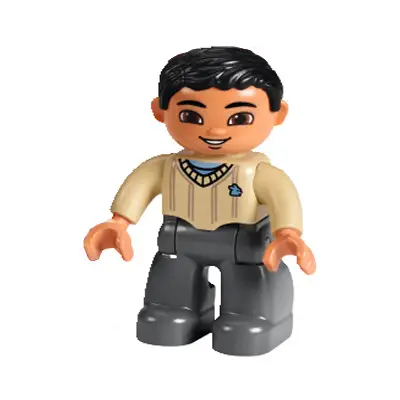 Duplo Figure Lego Ville, Male, Dark Bluish Gray Legs, Tan Sweater, Black Hair, Brown Eyes