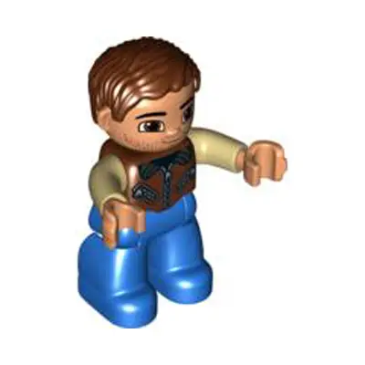 Duplo Figure Lego Ville, Male, Blue Legs, Reddish Brown Jacket with Zippers, Tan Arms, Reddish Brown Hair, Brown Eyes