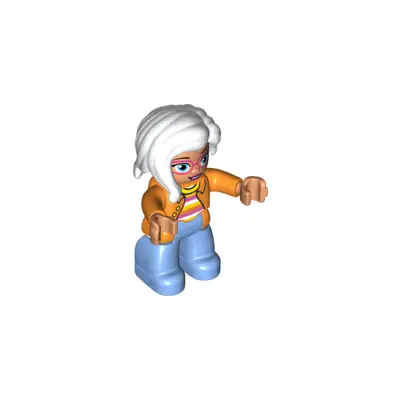 Duplo Figure Lego Ville, Female, Medium Blue Legs, Orange Jacket, Striped Sweater, White Hair