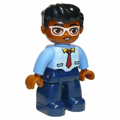 Duplo Figure Lego Ville, Male, Dark Blue Legs, Bright Light Blue Top with Medium Blue Sleeves and Tie Pattern, White Glasses, Black Hair