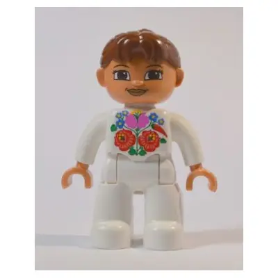 Duplo Figure Lego Ville, Female, White Legs, White Top, Brown Hair, Kalocsa Flowers Pattern on Front