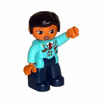 Duplo Figure Lego Ville, Female Pilot, Dark Blue Legs, Medium Azure Top with Red Tie, Black Hair (6273387)