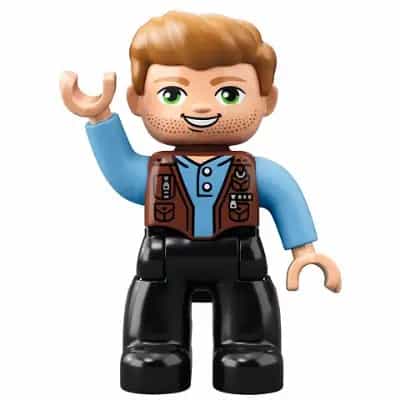 Duplo Figure Lego Ville, Male, Black Legs, Medium Blue Shirt over Reddish Brown Vest, Dark Tan Hair (Jurassic World Owen Grady)