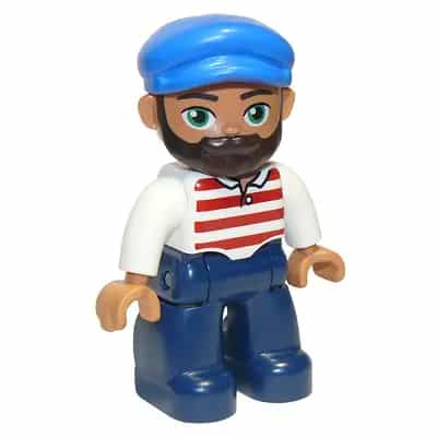 Duplo Figure Lego Ville, Male, Dark Blue Legs, White Shirt with Red Horizontal Stripes, Blue Cap and Beard