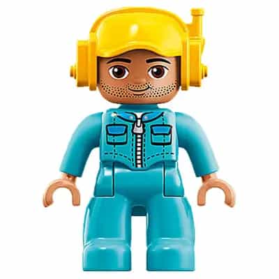 Duplo Figure Lego Ville, Male, Medium Azure Legs, Medium Azure Jacket with Zipper and Pockets, Yellow Cap with Headset