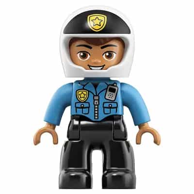Duplo Figure Lego Ville, Male Police, Black Legs, Dark Azure Top with Badge and Radio, White Helmet with Black Front and Badge (6252672)