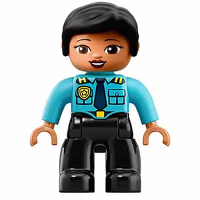 Duplo Figure Lego Ville, Female Police, Black Legs, Medium Azure Top with Badge and Epaulettes, Black Hair