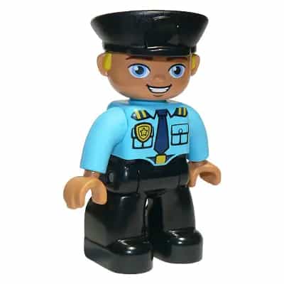 Duplo Figure Lego Ville, Male Police, Black Legs, Medium Azure Top with Badge and Epaulettes, Black Hat with Yellow Hair