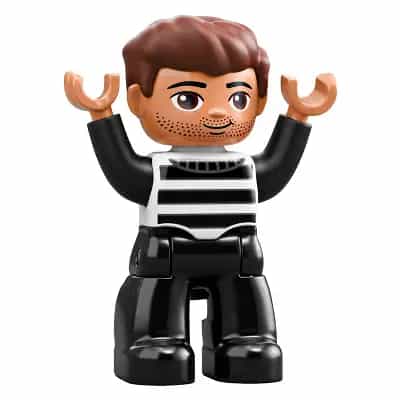 Duplo Figure Lego Ville, Male, Black Legs, Black and White Striped Top, Reddish Brown Hair (Prisoner)