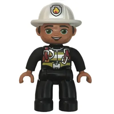 Duplo Figure Lego Ville, Male Fireman, Black Legs, Striped Jacket with Red Safety Harness, White Helmet with Silver Fire Badge, Green Eyes, Stubble