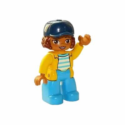 Duplo Figure Lego Ville, Female, Dark Azure Legs, White Top with Medium Azure Stripes and Yellow Jacket, Reddish Brown Hair and Dark Blue Cap (6264312)