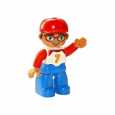 Duplo Figure Lego Ville, Male, Blue Legs, White Top with Number 7 and Red Arms, Reddish Brown Hair, Red Cap (6268360)