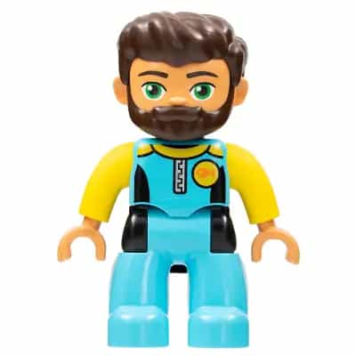 Duplo Figure Lego Ville, Male, Medium Azure Diving Suit, Yellow Arms, Dark Brown Hair, Beard (6264273)