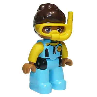 Duplo Figure Lego Ville, Female, Medium Azure Diving Suit, Yellow Arms, Dark Brown Hair, Yellow Diving Mask (6270381)