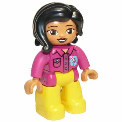 Duplo Figure Lego Ville, Female, Yellow Legs, Magenta Shirt with Flower, Black Hair