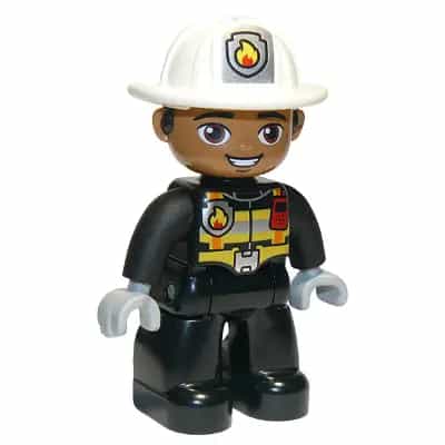 Duplo Figure Lego Ville, Male Firefighter, Black Legs, Black Jacket with Safety Harness, White Helmet with Silver Fire Badge and Radio, Brown Eyes