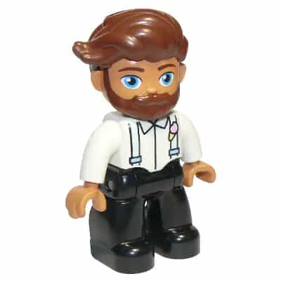 Duplo Figure Lego Ville, Male, Black Legs, White Top with Light Aqua Suspenders, Reddish Brown Hair, Beard (6293930)