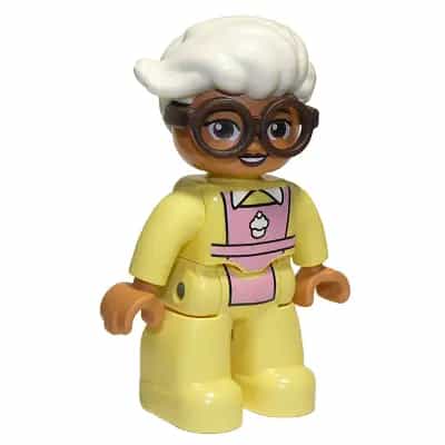 Duplo Figure Lego Ville, Female, Bright Light Yellow Suit with Bright Pink Apron, Dark Brown Glasses, White Hair (6294294)