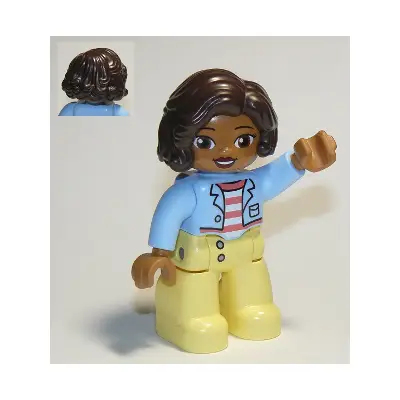 Duplo Figure Lego Ville, Female, Bright Light Yellow Legs, Bright Light Blue Top with Coral and White Stripes Shirt, Dark Brown Hair (6294848)