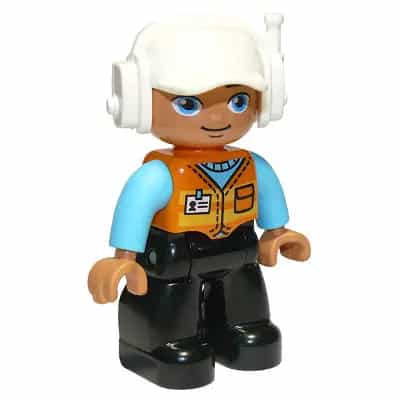 Duplo Figure Lego Ville, Male, Black Legs, Orange Vest with Badge and Pocket, Medium Azure Arms, White Cap with Headset (6301361)