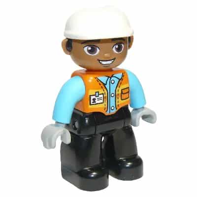 Duplo Figure Lego Ville, Male, Black Legs, Orange Vest with Badge and Pocket, Medium Azure Arms, Light Bluish Gray Hands, White Construction Helmet (6308180)