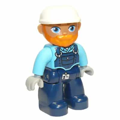 Duplo Figure Lego Ville, Male, Dark Blue Legs, Medium Azure Top with Dark Blue Overalls, White Construction Helmet, Orange Beard (6307376)
