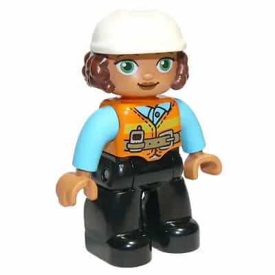 Duplo Figure Lego Ville, Female, Black Legs, Orange Vest with Belt and Telephone, Medium Azure Arms, Light Bluish Gray Hands, White Construction Helmet (6308514)