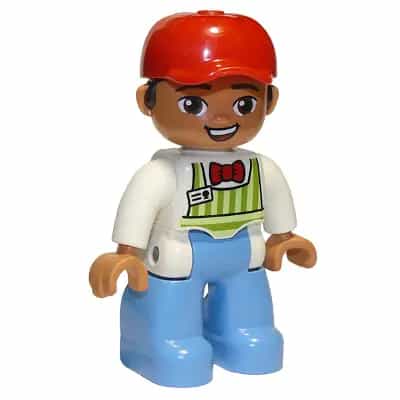 Duplo Figure Lego Ville, Male, Medium Blue Legs, Lime Striped Apron, Red Bow Tie, Dark Brown Hair, Red Cap (6295457)