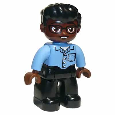 Duplo Figure Lego Ville, Male, Black Legs, Medium Blue Shirt with Pocket, Reddish Brown Head, Glasses, Black Hair Swept Forward, Oval Eyes (6295460)