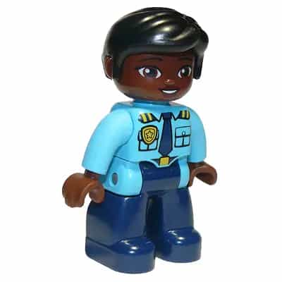 Duplo Figure Lego Ville, Female Police, Dark Blue Legs, Medium Azure Top with Badge and Epaulettes, Black Hair