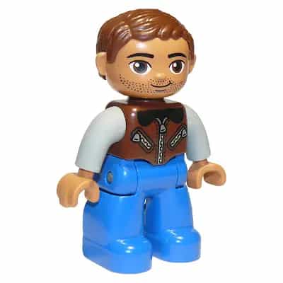 Duplo Figure Lego Ville, Male, Blue Legs, Reddish Brown Jacket with Zippers, Light Bluish Gray Arms, Reddish Brown Hair, Brown Oval Eyes