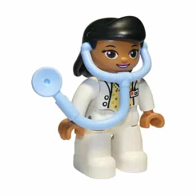 Duplo Figure Lego Ville, Female Medic, White Legs, White Top with ID Badge, White Arms, Black Hair, Attached Stethoscope (6295936)