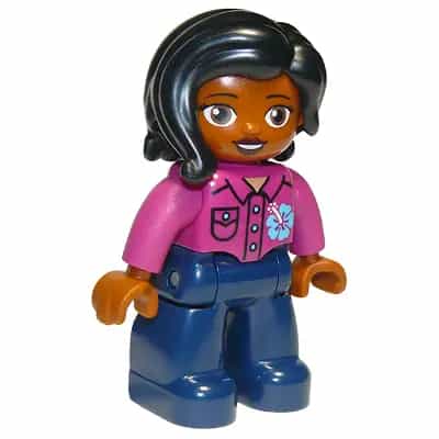 Duplo Figure Lego Ville, Female, Dark Blue Legs, Magenta Shirt with Flower, Black Hair (6296662)